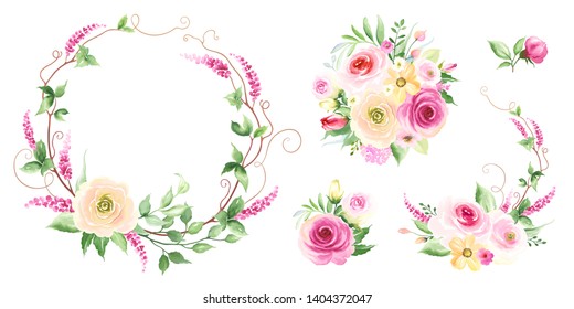 Collection of floral decors with colorful roses, branches and green leaves. Vector holiday illustration in watercolor style, template for your design.