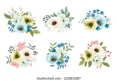 Collection of floral decors with flowers Anemones, blue Agapanthus, green leaves and branches. Floral template for your wedding, greeting or invitation design. Vector illustration in vintage style.