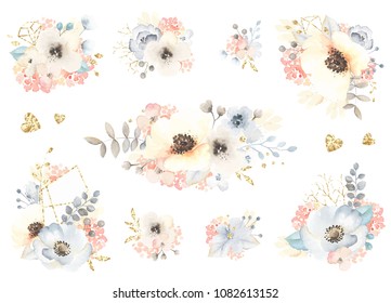 Collection of floral decors with golden elements and flowers, leaves, branches in vintage watercolor style. Vector ornaments for your holiday design on white background.