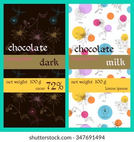 Collection of floral design for dark and milk chocolate packaging. Vector illustration. 