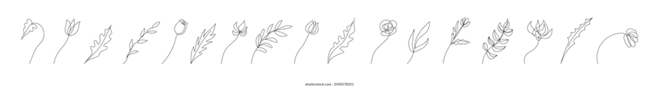 Collection of floral design elements in continuous one line drawing style. Flowers, plants, leaves, branches. Line art. White backdrop. For print, postcard, scrapbooking, coloring book. 