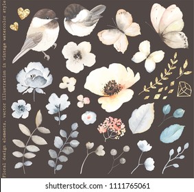 Collection floral design elements with decors golden texture, birds Black-capped Chickadee, flowers, flying butterflies, branches and leaves. Vector illustration in vintage watercolor style.