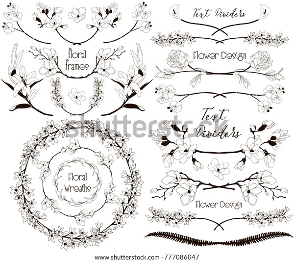 Collection of Floral Design Elements. Hand Drawn
Dividers, Text Frames, Wreaths with Branches and Flowers.
Decorative Vector Illustration. Lily Flower, Cherry Blossom,
Calla,Orchid, Peony, Fern
Leaf