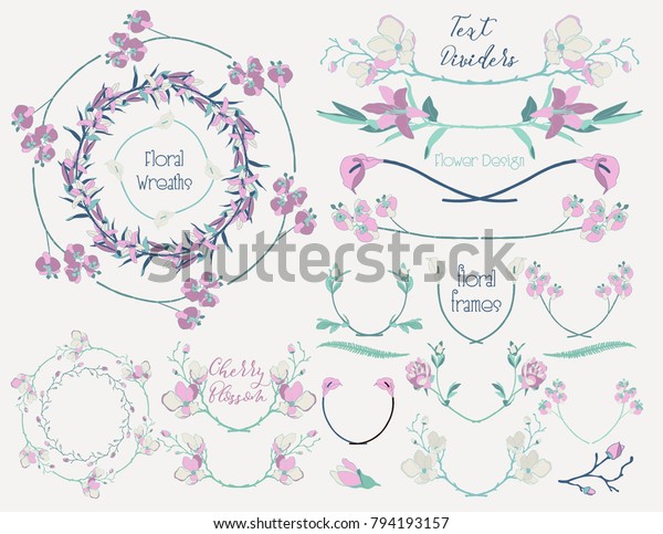 Collection of Floral Design Elements. Hand Drawn\
Dividers, Text Frames, Wreaths with Branches and Flowers.\
Decorative Vector Illustration. Lily Flower, Cherry Blossom,\
Calla,Orchid, Peony, Fern\
Leaf