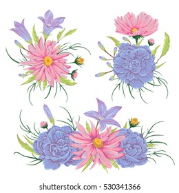 Collection floral design elements for wedding invitations and birthday cards.  Bluebell, geranium, chamomile flowers. Isolated elements. Vintage hand drawn vector illustration in watercolor style.