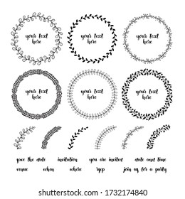Collection of floral doodle frames, lettering and decorative elements for invitation design