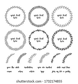 Collection of floral doodle frames, lettering and decorative elements for invitation design