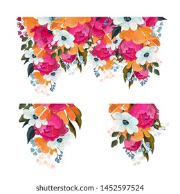 Collection of floral elements with bunches of mixed colorful summer flowers and dainty blossom isolated on white for design templates