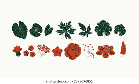 Collection of floral elements. Flowers and leaves collection.