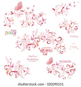 Collection floral elements with flying butterflies. This happy day