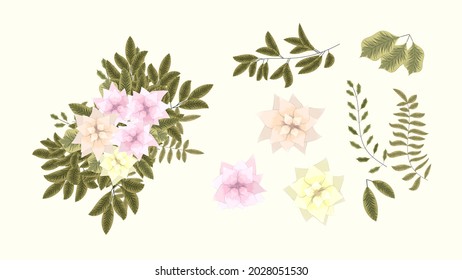 Collection of floral elements with spring flowers with tree branches as Detailed clip art elements, isolated arrangements as design for banners, postcards, advertising, social media posts, textile
