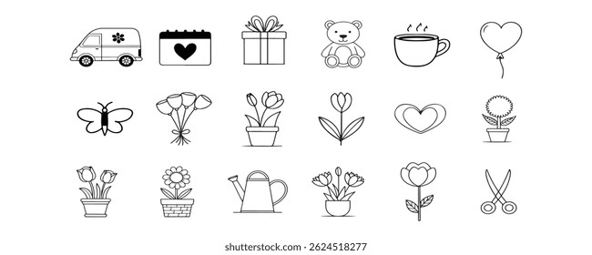 Collection of Floral and Flower Icon Set of Line And silhouette vector style with white background