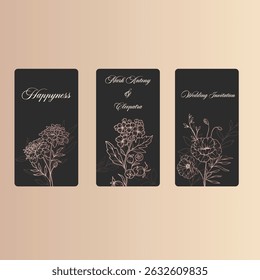 Collection of floral frames with Black and white of branches, leaves and flowers. Hand drawn elegant delicate botanical borders and wreaths. Vector isolated elements for wedding invitation, card,