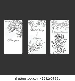Collection of floral frames with Black and white of branches, leaves and flowers. Hand drawn elegant delicate botanical borders and wreaths. Vector isolated elements for wedding invitation, card,