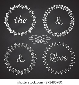 Collection of floral frames. Cute hand drawn floral circle frames on the chalkboard. You can use it for wedding invitation, complements