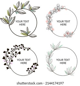 Collection of floral frames. Decorative round ornament branch laurel flowers