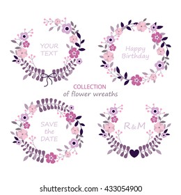 Collection of floral frames. Set of cute  flowers arranged un a shape of the wreath perfect for wedding invitations and birthday cards. Set of flower invitation cards. Vector illustration.