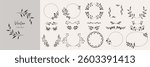 Collection of floral frames with silhouettes of branches, leaves and flowers. Hand drawn elegant delicate botanical borders and wreaths. Vector isolated elements for wedding invitation, card, logo