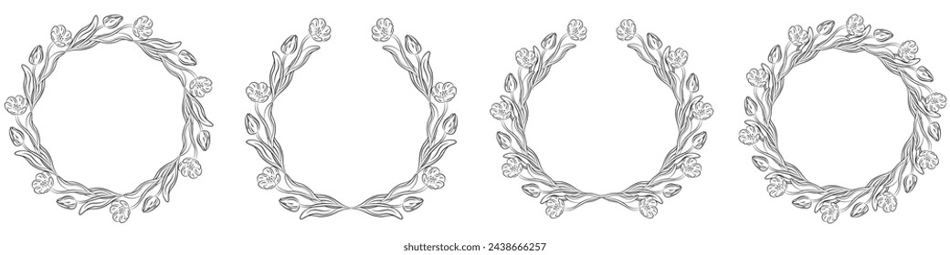 Collection of floral frames with silhouettes of branches, leaves and flowers. Hand drawn elegant delicate botanical borders and wreaths. Vector isolated elements for wedding invitation, card, logo