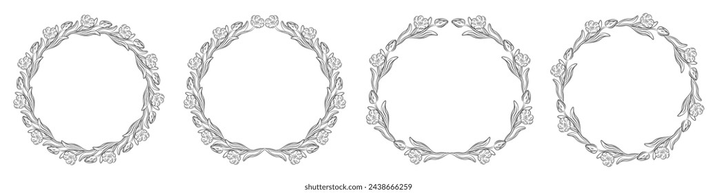 Colección de marcos florales con siluetas de ramas, hojas y flores. Bordes botánicos delicados dibujados a mano y coronas. Elementos aislados del vector para la invitación de la boda, tarjeta, logotipo