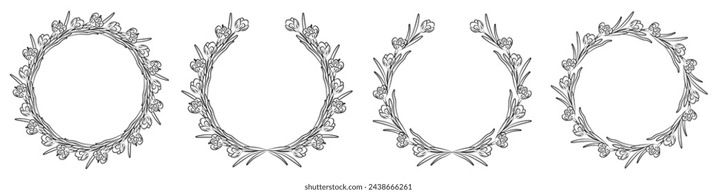 Collection of floral frames with silhouettes of branches, leaves and flowers. Hand drawn elegant delicate botanical borders and wreaths. Vector isolated elements for wedding invitation, card, logo