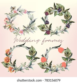 Collection of floral frames in vector vintage watercolor style