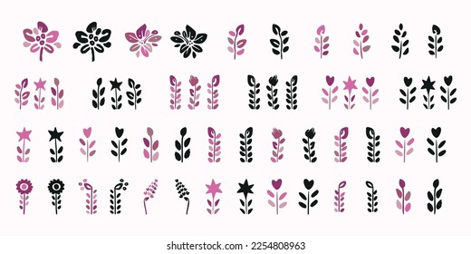 Collection of floral garden vector sky icons. Simple illustration of block print style botanical sprigs in viva magenta color of the year set. 
