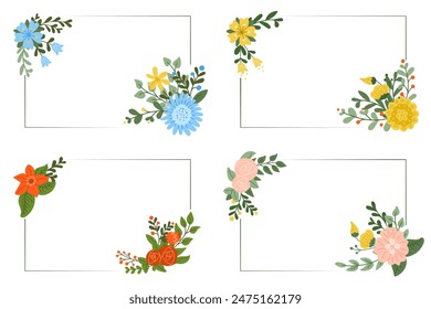 Collection of Floral greeting card templates in kids pastel colors. Rectangle horizontal frame for wedding, anniversary and birthday card. Modern abstract flowers isolated on white background