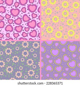 Collection of floral and hearts patterns vector illustration