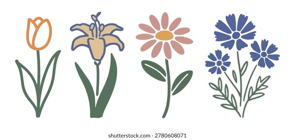 A collection of floral illustrations featuring a tulip, lily, daisy, and cornflower, presented in a flat style on a white background.