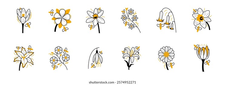 A collection of floral illustrations showcasing diverse blossoms and buzzing bees, depicting the beauty of nature's pollination.