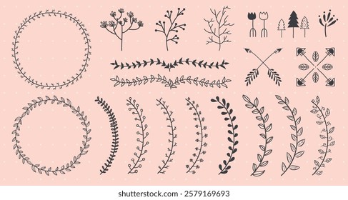 Collection of floral and leaf designs, featuring circular and linear patterns. Elegant floral motifs and leaf designs for creative projects. Nature illustrations, vector set.