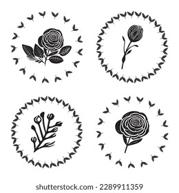 Kollektion von nordischen Blumenrahmen einzeln auf weißem Hintergrund. Gruppe von einfarbigen Kränzen in foliatartigen Vektorgrafiken.