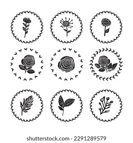 Collection of floral nordic decorative frames isolated on white background. Group of monochrome wreaths in foliate style vector graphics.