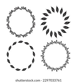 Collection of floral nordic decorative frames isolated on white background. Group of monochrome wreaths in foliate style vector graphics.