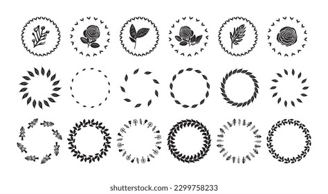 Collection of floral nordic decorative frames isolated on white background. Group of monochrome wreaths in foliate style vector graphics.