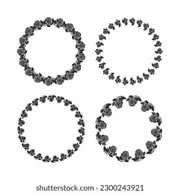 Collection of floral nordic decorative frames isolated on white background. Group of monochrome wreaths in foliate style vector graphics.