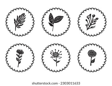 Collection of floral nordic decorative frames isolated on white background. Group of monochrome wreaths in foliate style vector graphics.