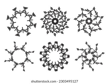 Collection of floral nordic decorative frames isolated on white background. Group of monochrome wreaths in foliate style vector graphics.