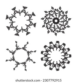 Kollektion von nordischen Blumenrahmen einzeln auf weißem Hintergrund. Gruppe von einfarbigen Kränzen in foliatartigen Vektorgrafiken.