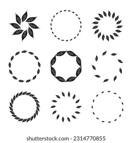 Colección de marcos decorativos nórdicos florales aislados en un fondo blanco. Grupo de coronas monocromáticas en gráficos vectoriales de estilo foliado.