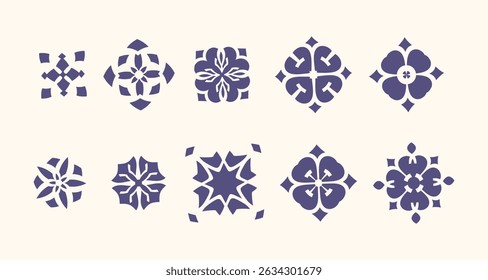 Collection of floral ornaments isolated on white background. Decorative design elements, abstract shapes, and vintage patterns. Vector illustration of retro style, geometric shapes, and floral motifs