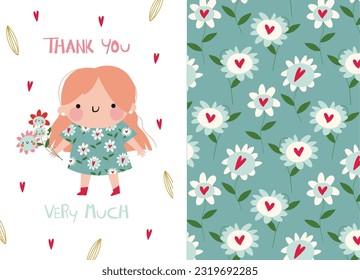 collection of a floral pattern with a heart on a blue background and an illustration with a girl in a floral dress and holding a bouquet. thank you very much card
