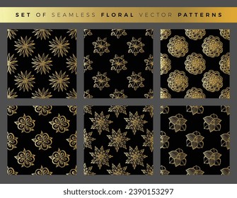 Colección de patrones florales. Elegante y sin costuras de fondo pintado a mano en negro y oro. Para su diseño de embalaje, tela, papel pintado, cubierta. Ilustración vectorial.