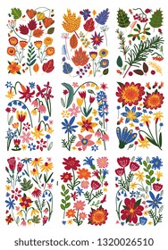 Collection of Floral Patterns Set, Bright Colorful Summer Plants Vector Illustration