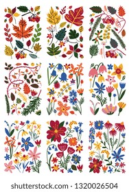 Collection of Floral Patterns Set, Colorful Spring or Summer Plants Vector Illustration
