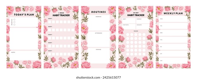 Colección de plantilla de planificador floral para libreta diaria, agenda semanal, agenda, memo, lista de tareas, organizador, lista de verificación, decorado con elementos de flores y naturaleza coloridos