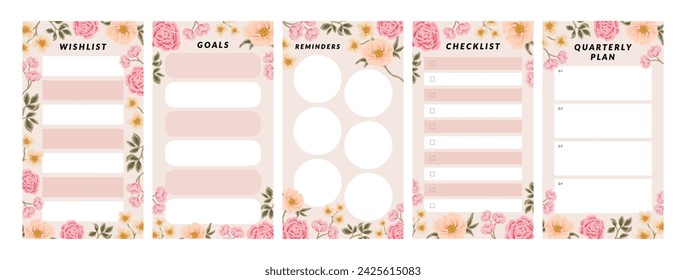 Collection of floral planner template for daily notepad, weekly schedule, agenda, memo, to do list, organizer, checklist, decorated with colorful flower and nature elements