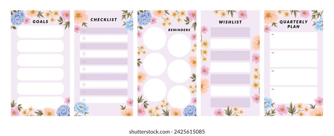 Sammlung von Blumenplaner-Vorlage für tägliche Notizblock, Wochenplan, Agenda, Memo, To-do-Liste, Organisator, Checkliste, mit bunten Blumen und Naturelementen verziert
