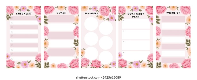 Collection of floral planner template for daily notepad, weekly schedule, agenda, memo, to do list, organizer, checklist, decorated with colorful flower and nature elements